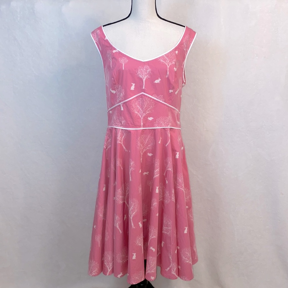 eShakti Retro Pink Bunny and Trees Pattern Fit and Flare Dress Size 18